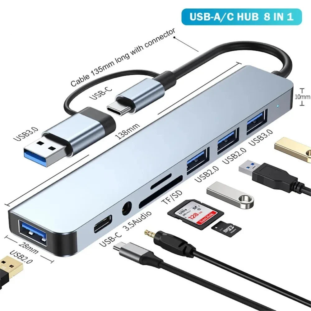 USB C Hub USB Splitter 8 in 1 USB Extender with 4 USB Port 1 USBC Port TF/SD Card Reader Audio Output Compatible for MacBook